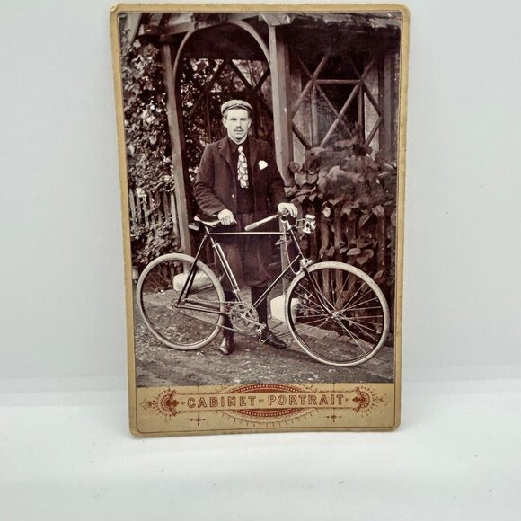 Antique Cabinet Card Photo Of Man With Bicycle in Sepia tones - Picture 1 of 5